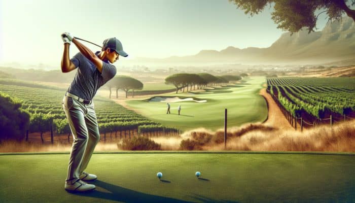 A right-handed golfer executing a cut shot on a South African course, skillfully navigating around obstacles towards the green.