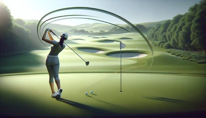 Golfer executing a flawless cut shot on a lush green course, ball curving towards the flag.