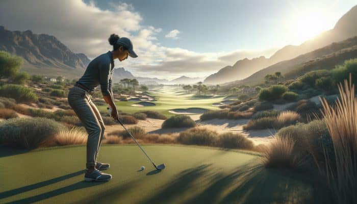 A golfer adjusting their stance and grip on a South African course for a cut shot amidst varied terrain.