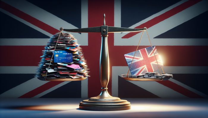 A scale balancing credit cards and loans against a glowing loan document, set against the backdrop of the UK flag.