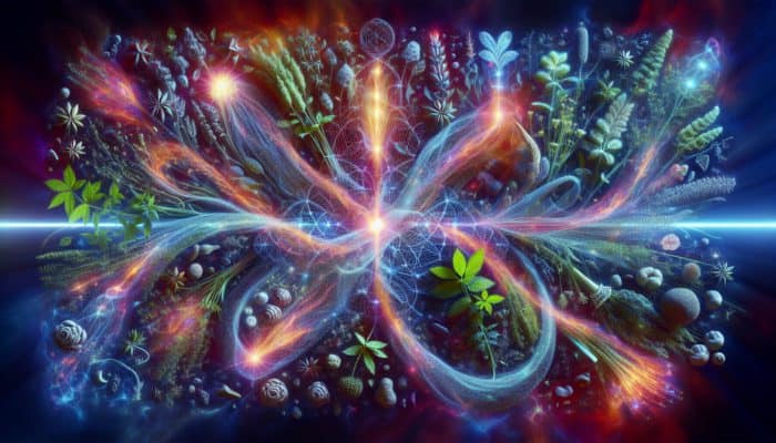Combining Herbs for Synergistic Effects: A vibrant tapestry of herbs glowing with energy, symbolising their synergistic enhancement in UK herbalism.