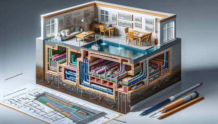 Cross-section of a building in Surrey illustrating interior drainage solutions effectively managing water flow and preventing flooding.