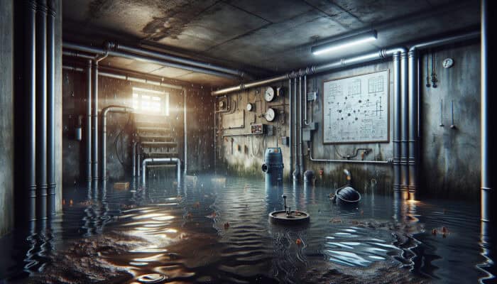 A flooded basement displaying debris-clogged drains, a malfunctioning sump pump, and signs of improper installation and water infiltration.
