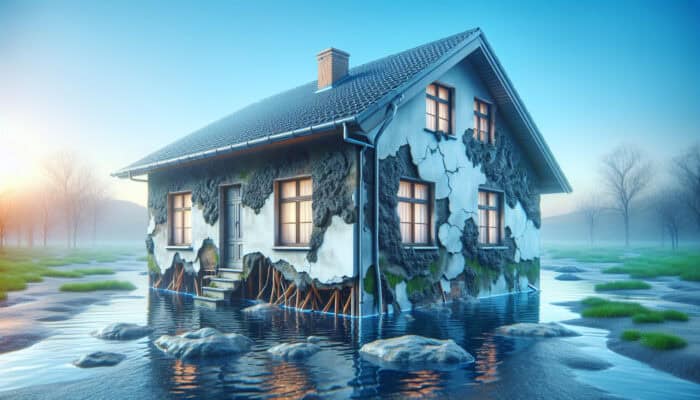 A home exhibiting structural damage and mold due to poor drainage, with water pooling around the foundation.