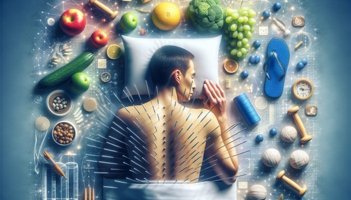A peaceful acupuncture session featuring lifestyle balance symbols: nutritious food, exercise equipment, and a restful sleep area.