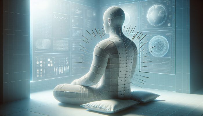 A person dressed in loose, comfortable clothing during a serene acupuncture session in a calming environment.