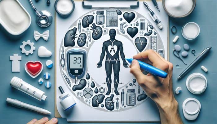 Diabetes Blood Test In Ilford: Person in Ilford using glucose meter, surrounded by heart, kidney, eye symbols, highlighting diabetes monitoring importance.