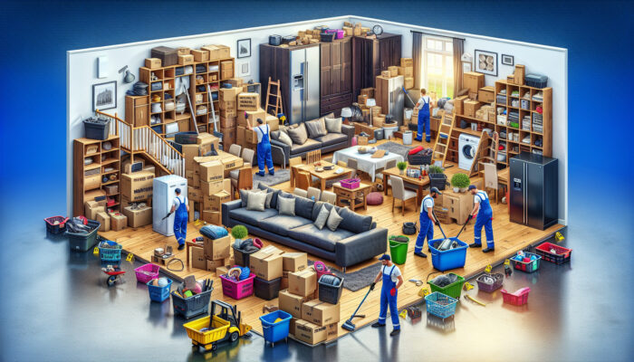 UK home clearance illustrating the effect of property size and item volume on costs, with professionals removing large furniture and appliances.