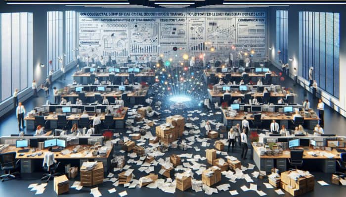 A chaotic office scene illustrating common disaster recovery pitfalls like outdated plans and untrained staff.