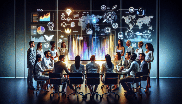 A group of professionals analyzing SEO analytics on a computer screen in a modern office environment.