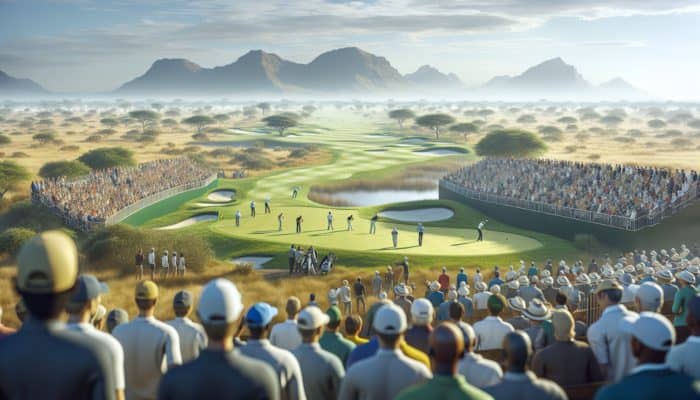 Golf tournament in South Africa showcasing players from the Sunshine Tour and South African Open on a lush course.