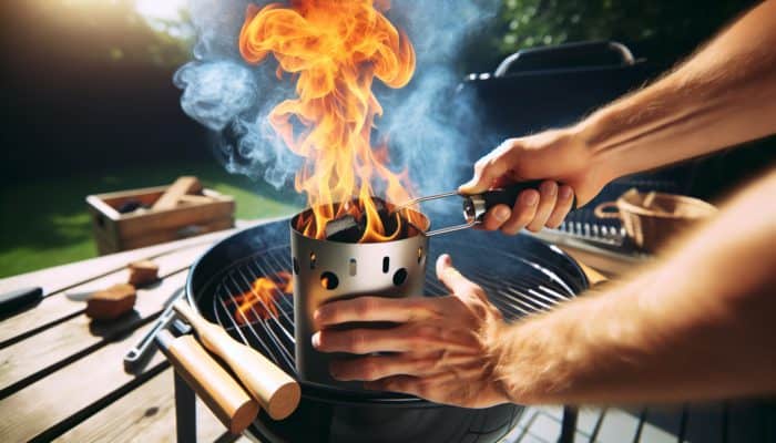 Using a chimney starter to ignite charcoal on a rustic grill, showcasing flames and smoke in a sunny backyard.