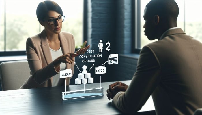 Financial advisor presenting debt consolidation options with minimal fees to a satisfied client in a professional setting.