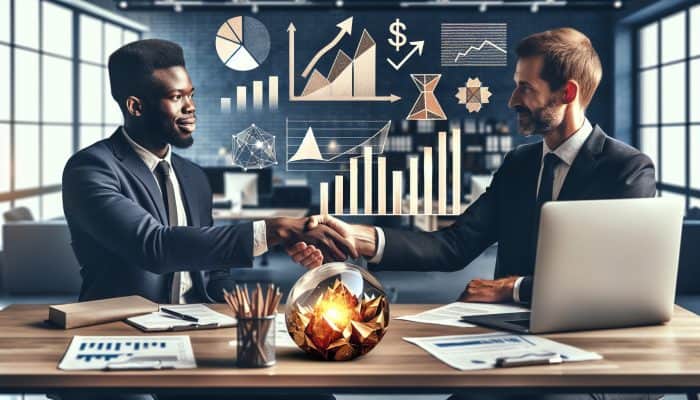 Individual in a suit shaking hands with a banker, surrounded by charts and documents, symbolizing successful loan negotiation.