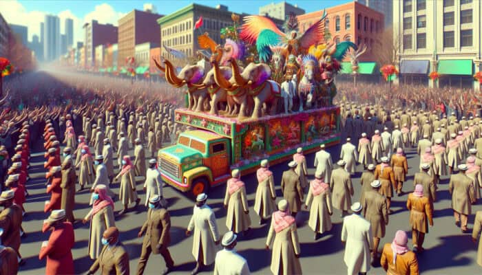 A lively holiday parade with well-organized floats and a variety of animals like elephants and horses under a sunny sky.