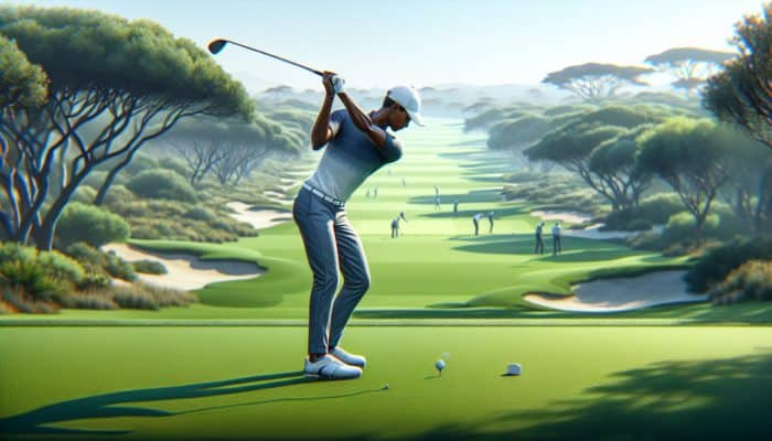 A South African golfer practicing swing techniques on a vibrant course, utilizing an open stance for higher trajectory.