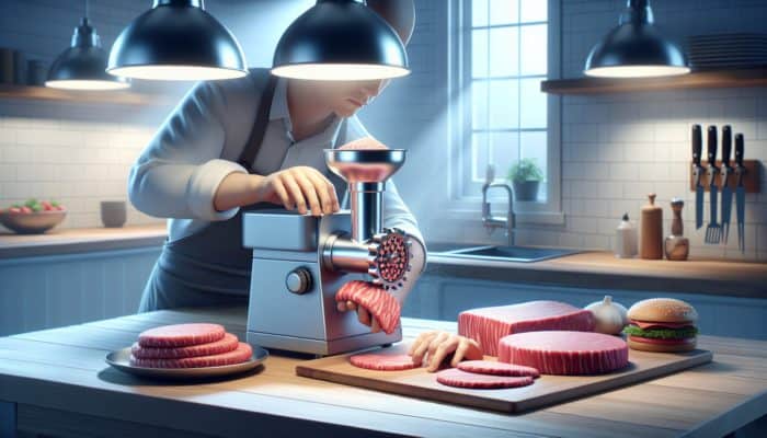 A person using a meat grinder to grind fresh meat, adjusting the fat-to-lean ratio with chilled equipment on a clean countertop.