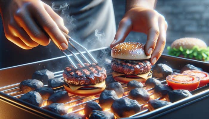 Juicy burgers grilling on a charcoal grill, thermometer indicating 375-400°F, person adjusting coals for even heat.