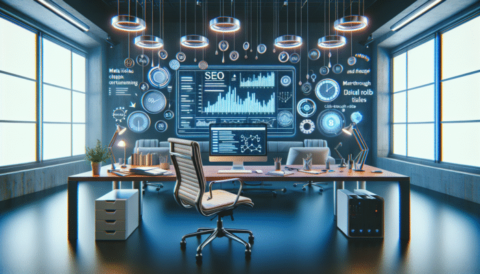 A digital display illustrating meta titles and click-through rate statistics, alongside SEO tools in a contemporary office environment.