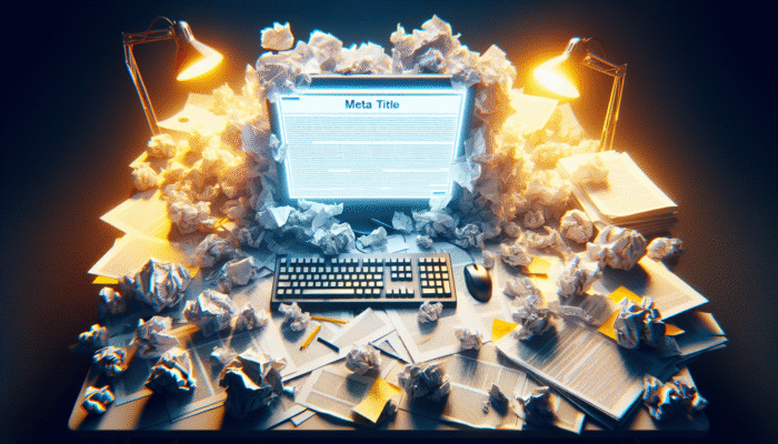 A cluttered workspace featuring a computer displaying a generic webpage title, surrounded by papers with lengthy, keyword-stuffed titles, illustrating common SEO meta title errors.