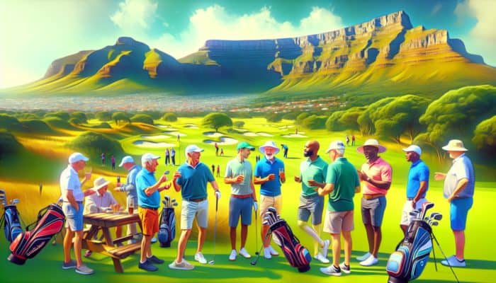 Group of South African golf club members discussing rangefinders, with Table Mountain in the background.