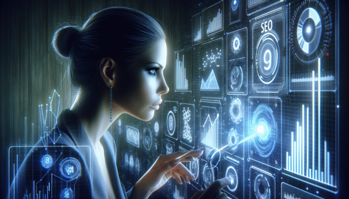 A digital marketing specialist analyzing SEO data on a futuristic interface featuring holographic graphs and keywords, optimizing AEO strategies for success.