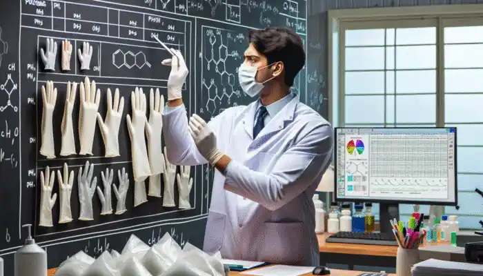 A professional examining polythene gauntlet gloves for quality in industrial and medical settings.