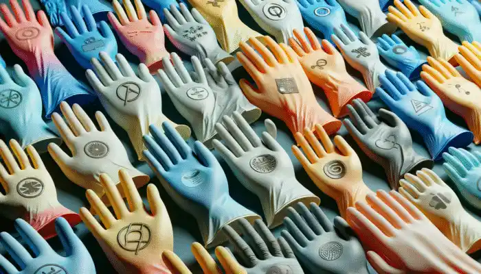 Customized polythene gauntlet gloves with logos and various colors for healthcare and food service workers.