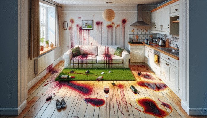 Red wine stains on carpet, grass stains on sofa, ink on shirt, and grease on tiles in a typical UK home.