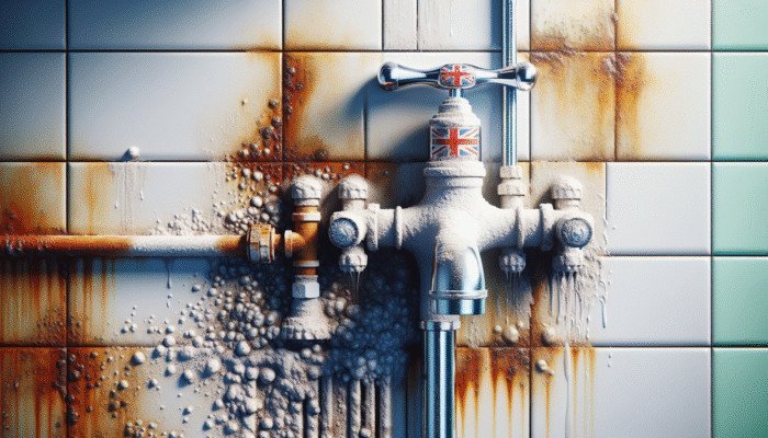 Modern UK bathroom showing rust and limescale on fixtures and tiles, highlighting the cleaning need.