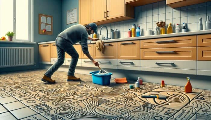 Person in West Dunbartonshire cleaning grout haze from kitchen tiles with care.