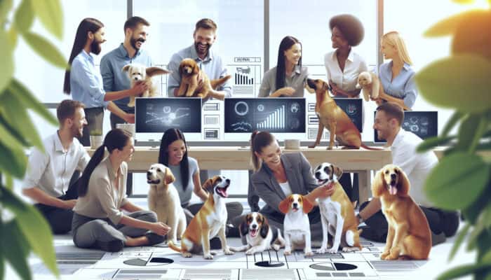 An inviting office environment featuring employees interacting with pets, promoting wellness and joy.