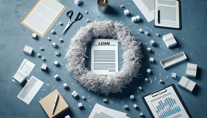 Common Misconceptions About Consolidation Loans: | DCL Common Misconceptions About Consolidation Loans: A desk with a single loan document and shredded debt papers, representing debt consolidation.