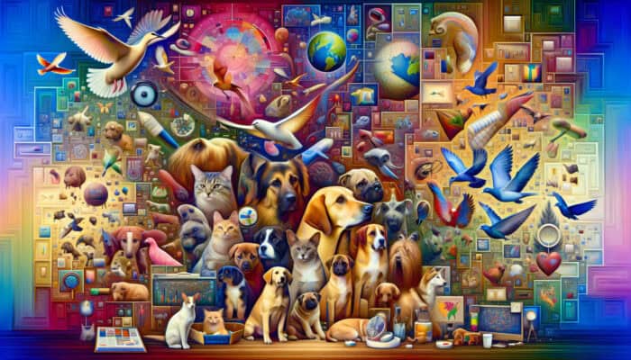 A vibrant collage of pets including dogs, cats, birds, and fish, along with expert pet care insights against iconic global landmarks.