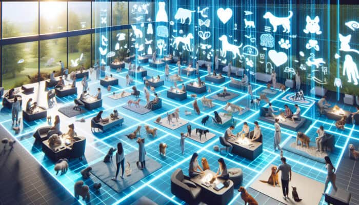 Futuristic pet awareness day featuring holograms for mental health workshops and stress-relief activities.