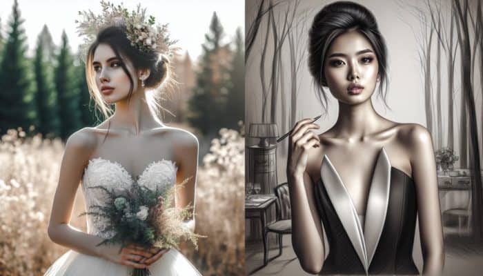 A bride with a relaxed, romantic updo accentuated by wildflowers for a rustic wedding, alongside another with a sleek chignon for a formal event.