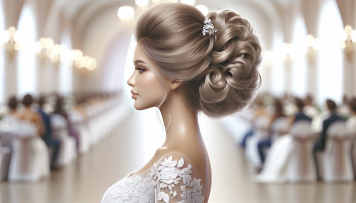 A bride with a beautifully styled updo, crafted with high-quality products to last from morning till evening during her wedding.