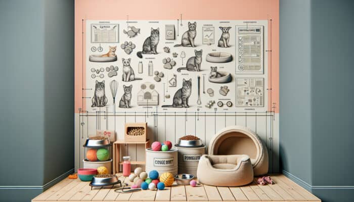 A comfortable pet space with specialized food bowls, soft bedding, and engaging toys for comfort and happiness.