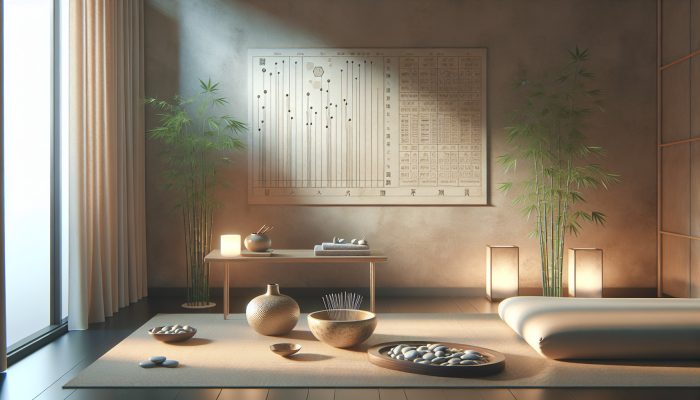 A calm acupuncture session complemented by modern insurance documents and charts in a tranquil, minimalist setting.