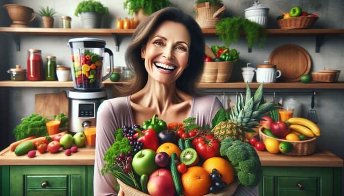 Sarah celebrating lower cholesterol with fruits and vegetables in a healthy kitchen.