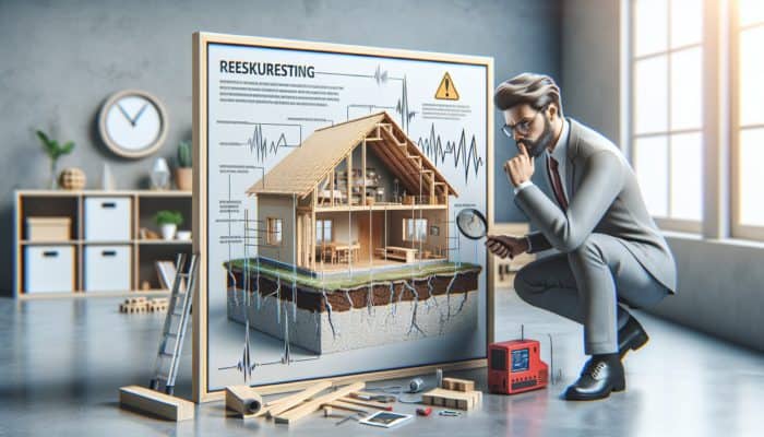 Expert evaluating home for earthquake safety, pointing at vulnerabilities, with safety equipment in the background.