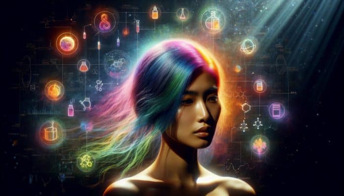 Woman with vibrant, multi-coloured hair under sunlight, surrounded by chemicals and pollutants, causing color fade.