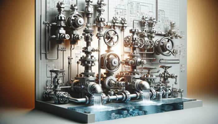 Cross-section of modern plumbing system featuring water valves controlling flow in residential and commercial settings.