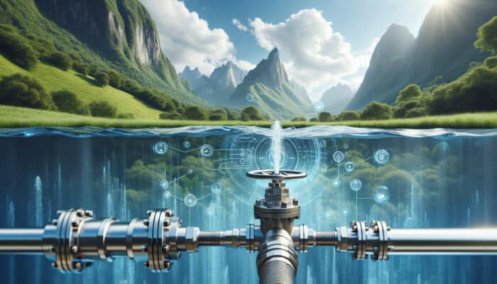 A modern water valve system in Squamish showcasing clear water, lush landscapes, and mountains.