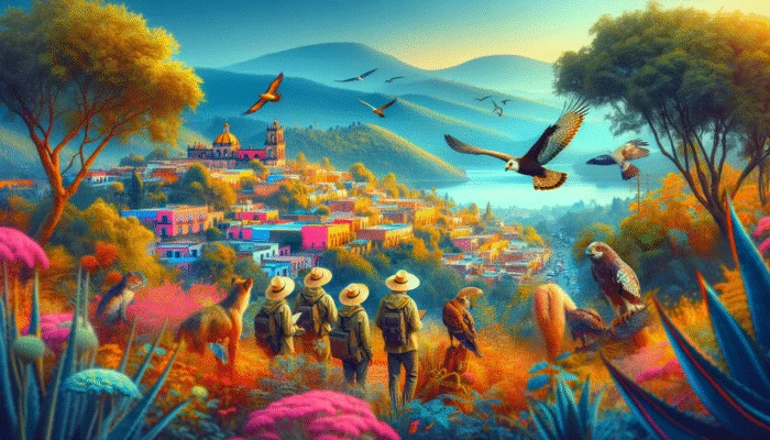 A vibrant landscape in San Miguel de Allende with experts guiding a wildlife tour, featuring exotic birds and local fauna.