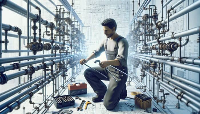 A skilled plumber in overalls expertly working on commercial plumbing systems in Ladner, Delta, showcasing professionalism and expertise.