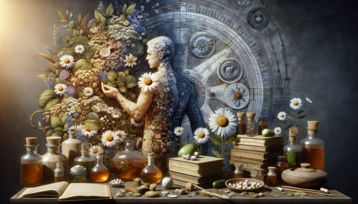 An ancient apothecary scene showcasing chamomile flowers and remedies for soothing skin rashes and inflammation.