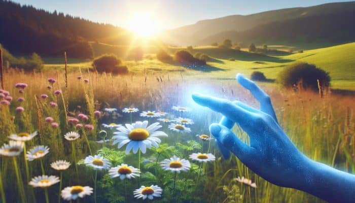 Chamomile flowers in a meadow releasing calming blue essence onto irritated skin, reducing redness effectively.