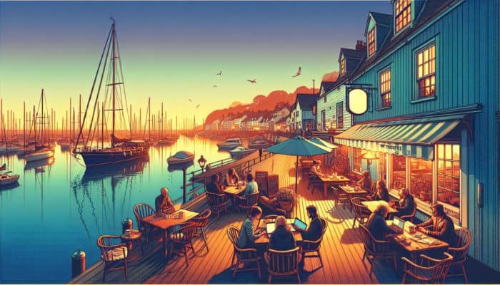 A tranquil Weymouth harbor at sunset, with professionals blogging in a cozy café.