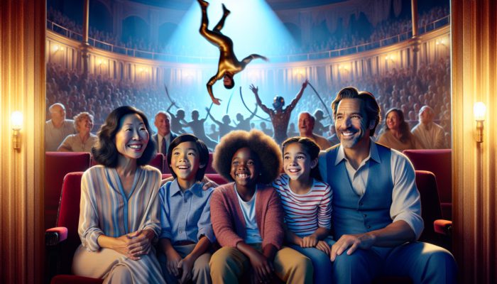 Family enjoying an acrobatic performance at Cirque du Soleil "O" in Las Vegas.